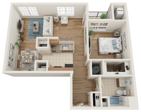 Floor plan for 1 bed, 1 bath, 890 sqft